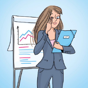 Animação de mulher a coçar o olho na reunião