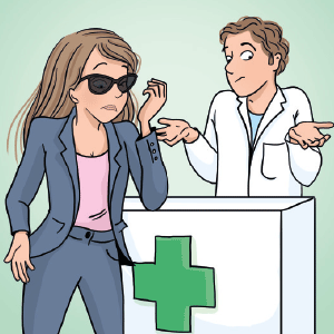 Animação de mulher na farmácia de óculos escuros